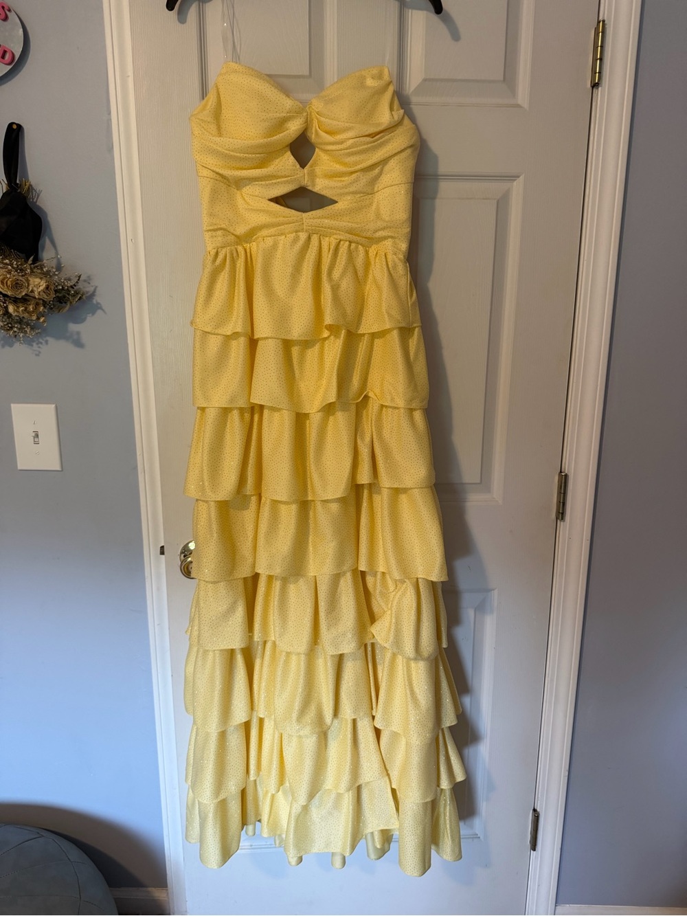 Amazon Yellow Strapless Ruffle Maxi Dress with Cutout Bodice